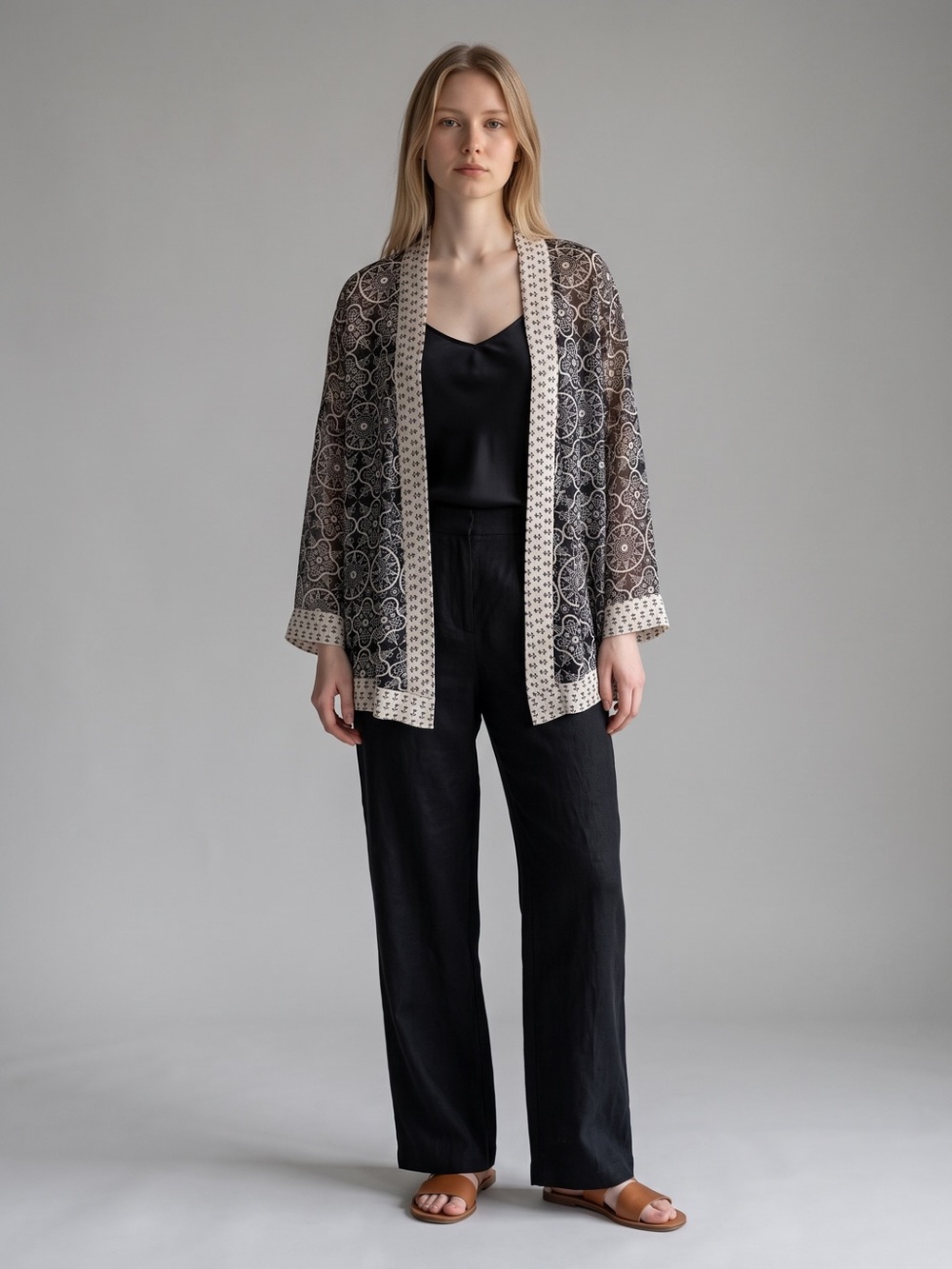 Coldwater Creek Black & White Open-Front Patterned Kimono